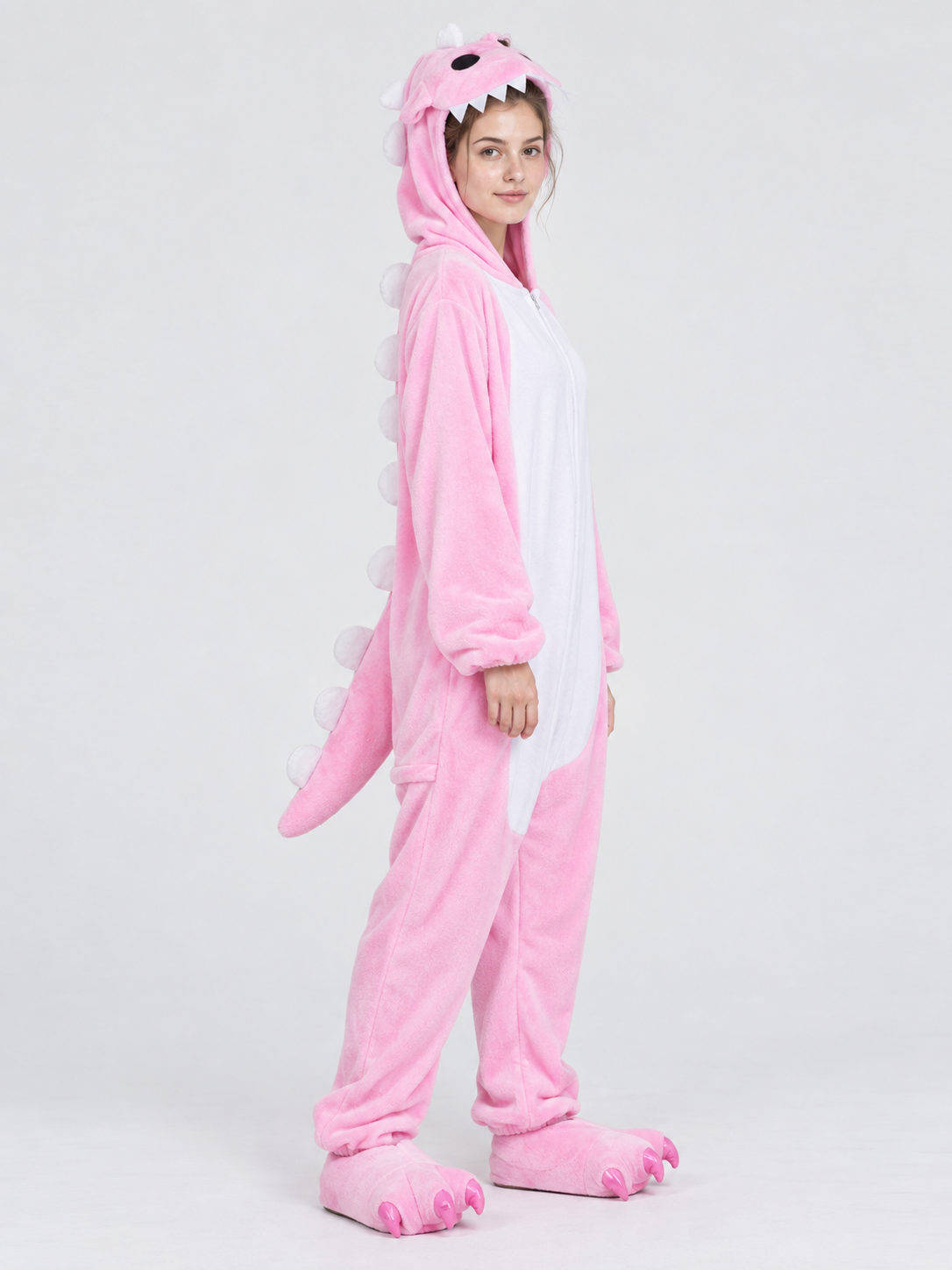 Pink and white pajama jumpsuit with dragon hood