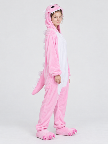 Pink and white pajama jumpsuit with dragon hood