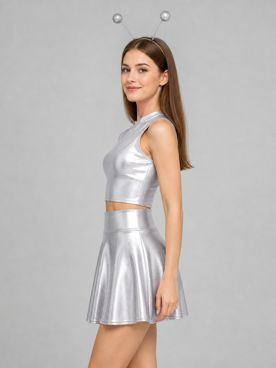 Silver stage costume: top, skirt, and headband