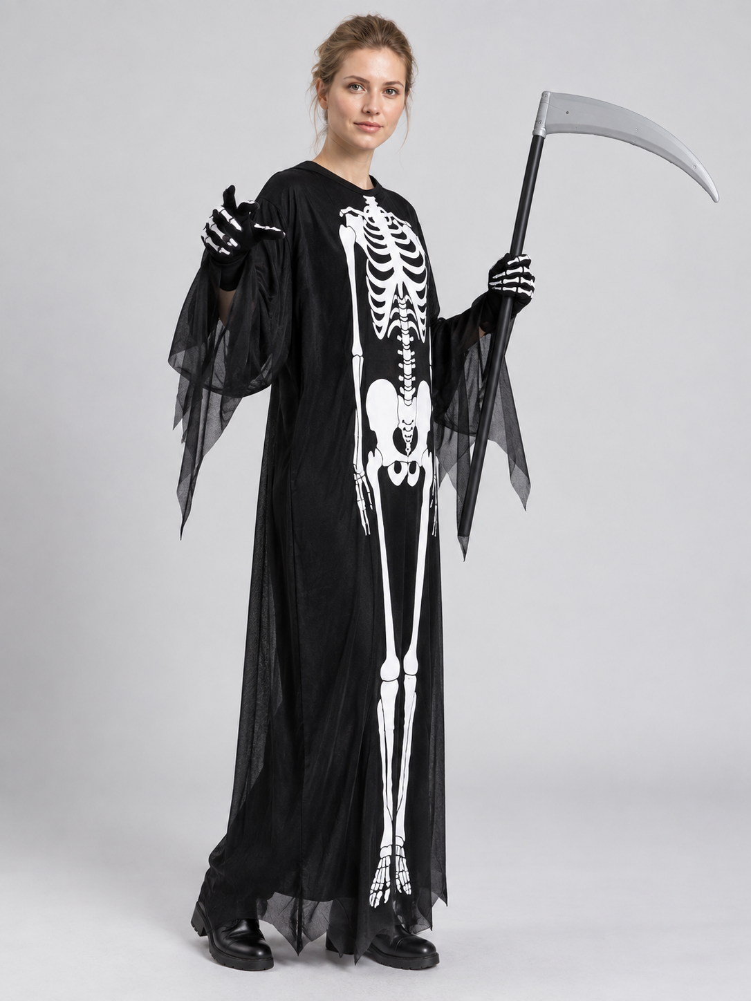 Skeleton Halloween Costume with Mask, Scythe, and Gloves