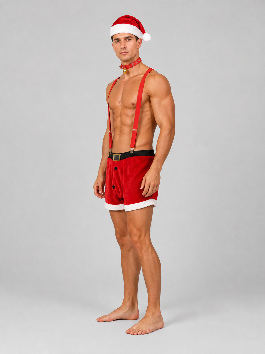Christmas costume with shorts, hat, and collar