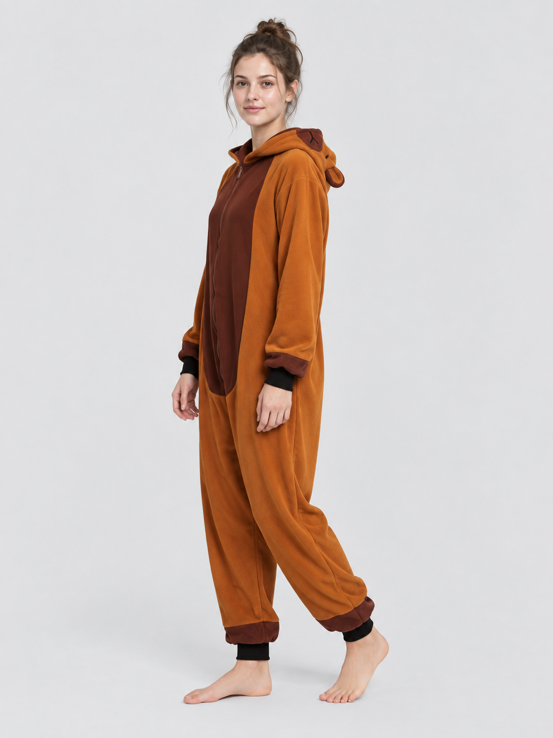 Hooded Pajama Jumpsuit with Ears, Orange-Brown