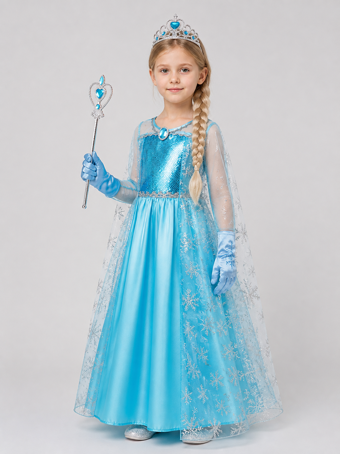 Elsa Costume for Girls with Dress, Crown, and Wand side view