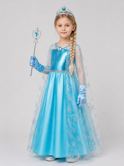 Elsa Costume for Girls with Dress, Crown, and Wand side view