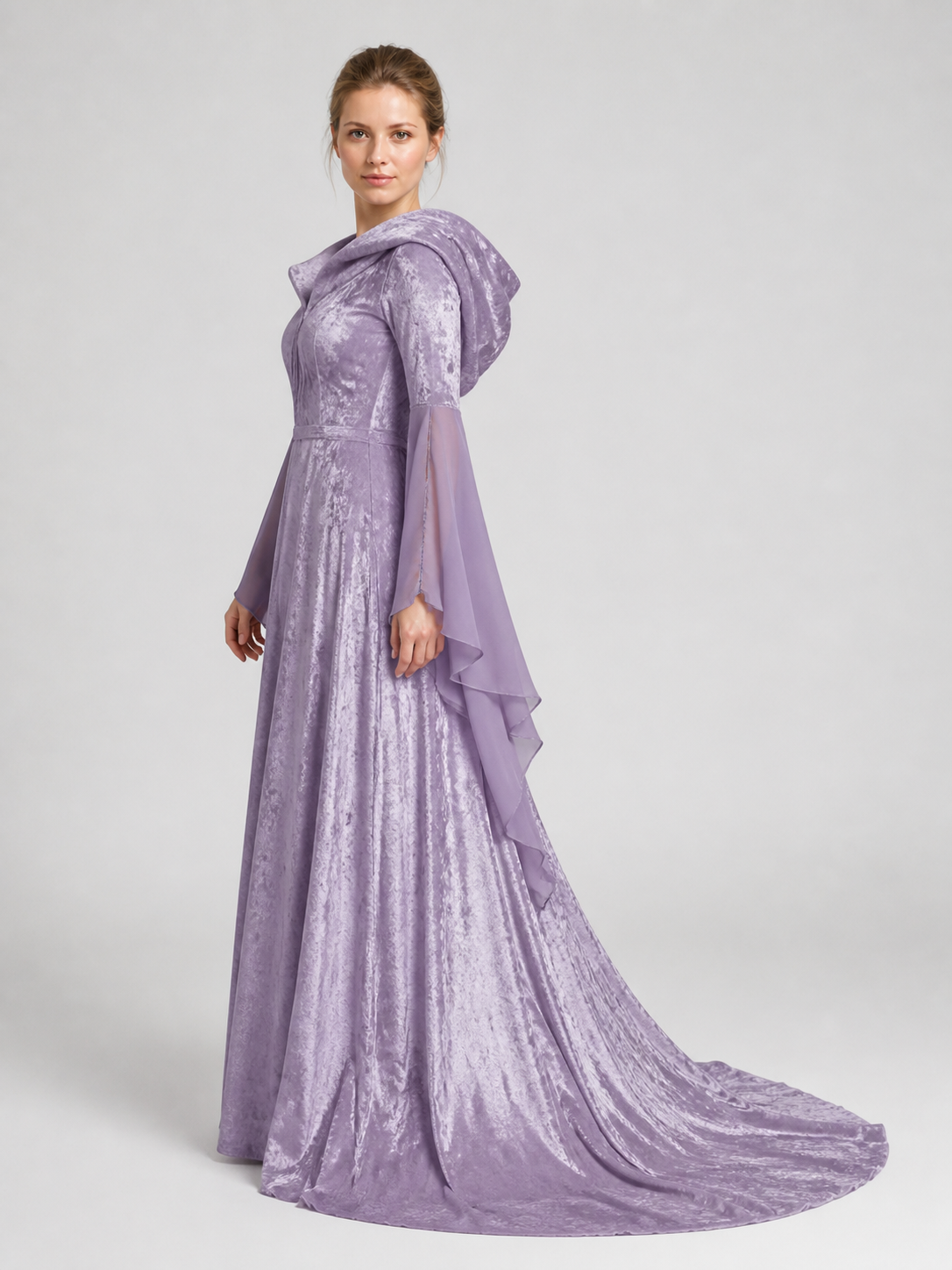 Long Purple Dress with Hood and Full Skirt side view