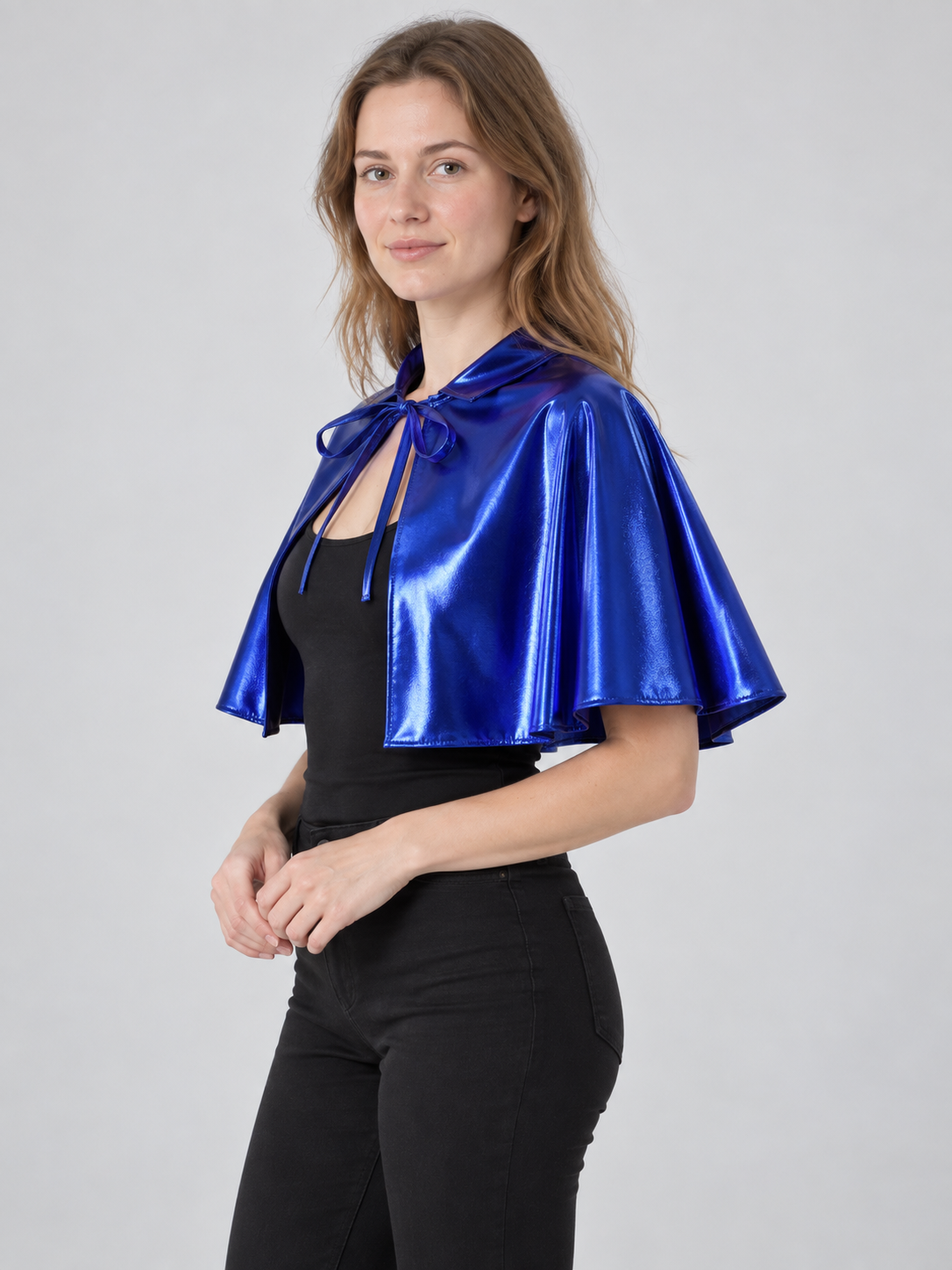 Short Blue Faux Leather Cape with Ties