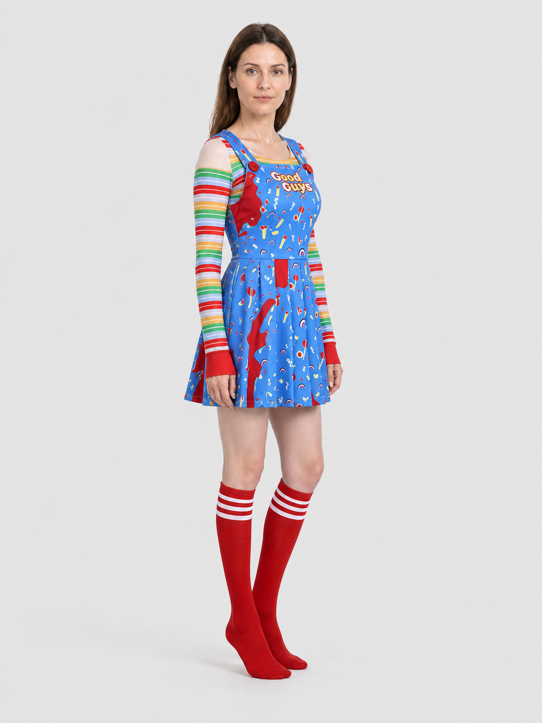 Chucky Halloween Cosplay Costume: Dress and Knee-High Socks side view
