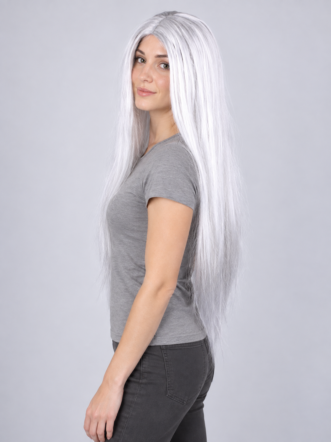 Long straight white wig with center part for cosplay