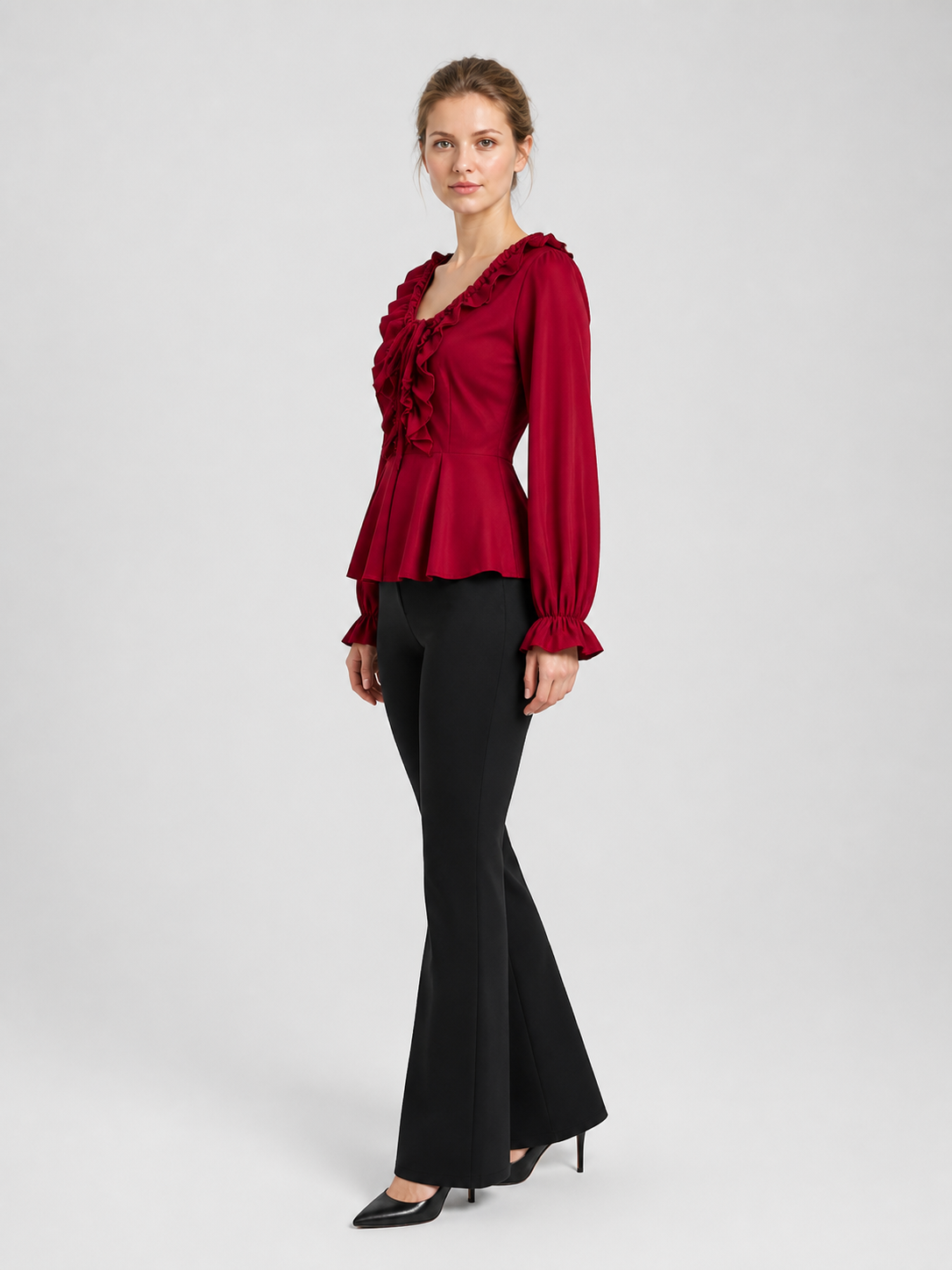 Red Renaissance-Style Ruffled Blouse for Halloween side view