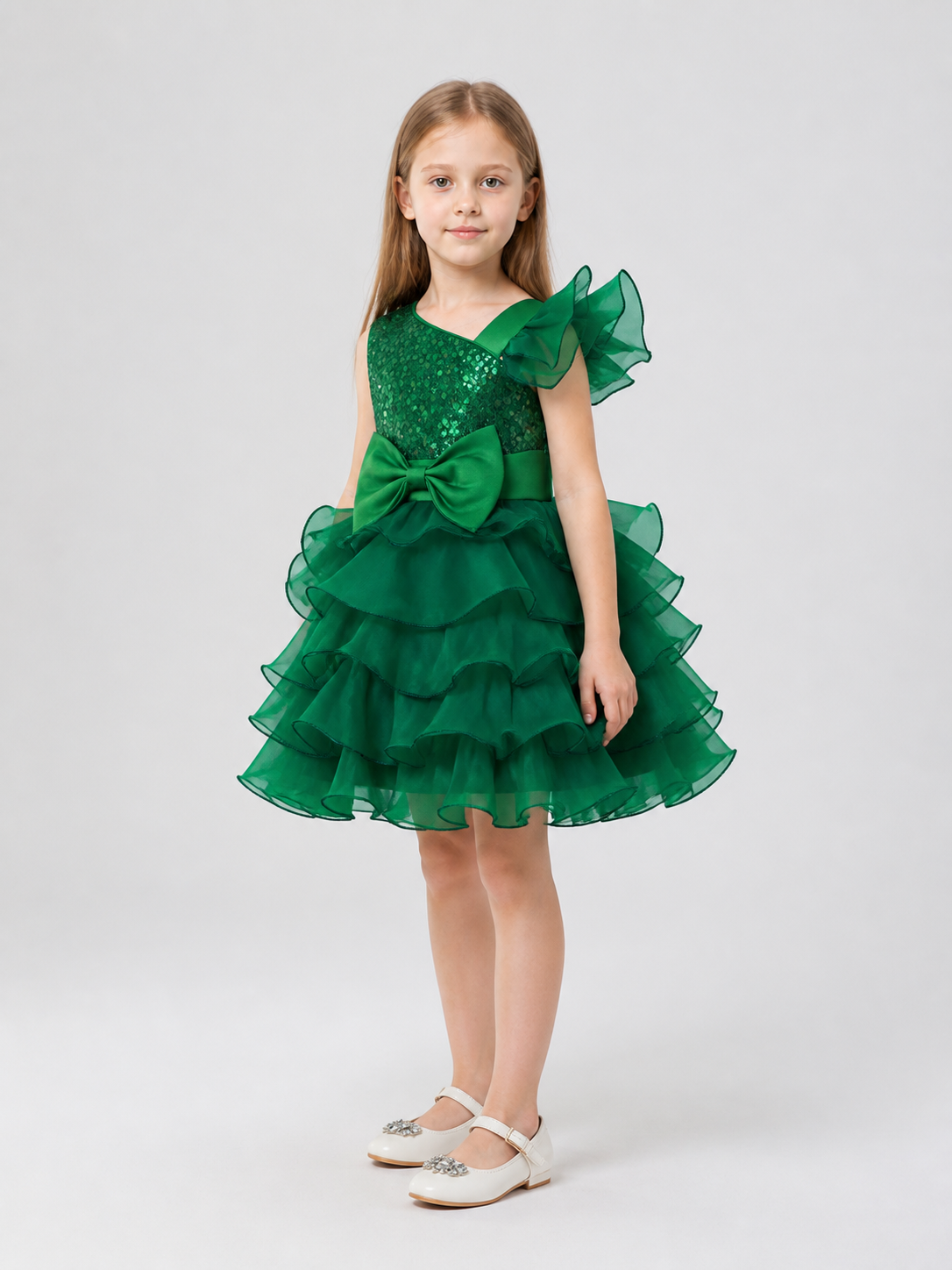 Festive Green Princess Dress with Bow side view