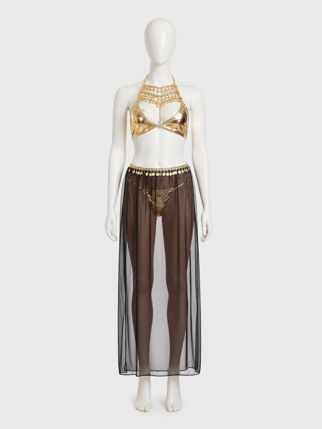 Cleopatra Costume with Sequins and a Sheer Skirt with a Slit side view