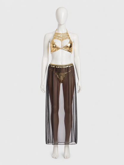 Cleopatra Costume with Sequins and a Sheer Skirt with a Slit side view