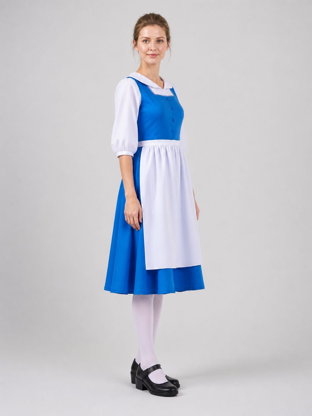 Alice cosplay dress, blue and white, with apron side view