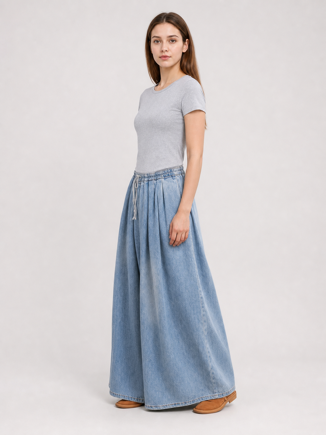 Light Blue Wide-Leg Drawstring Jeans