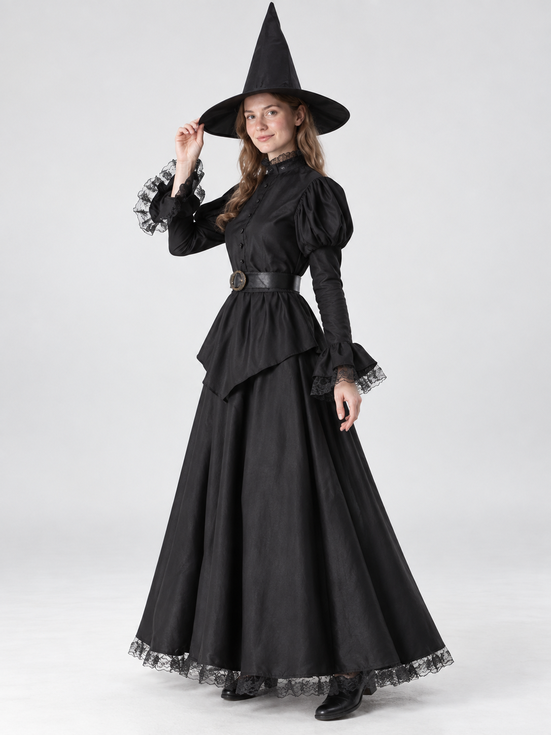 Witch Costume: Long Black Lace Dress, Hat, Belt