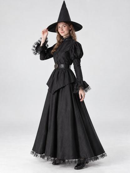 Witch Costume: Long Black Lace Dress, Hat, Belt