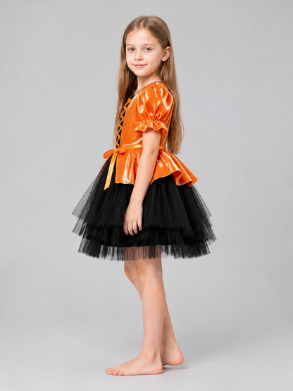 Girls' Halloween Costume Dress with Orange Bow side view