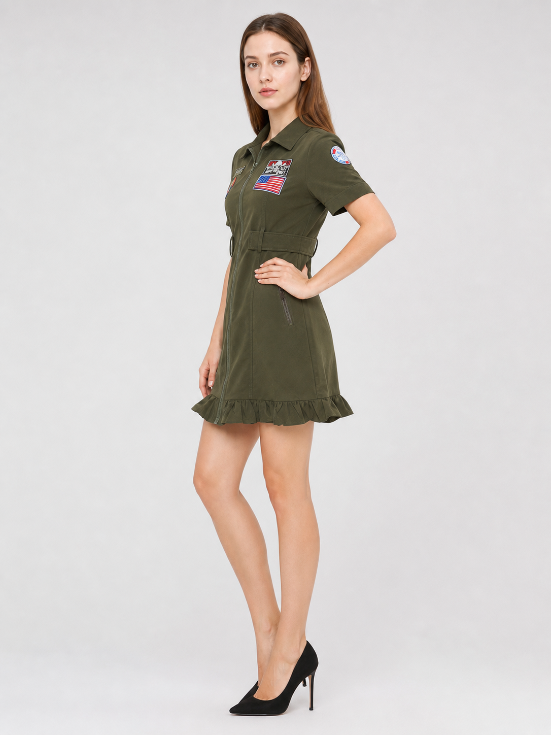 Olive Military-Style Dress with Patches side view