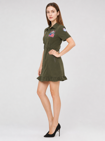 Olive Military-Style Dress with Patches side view