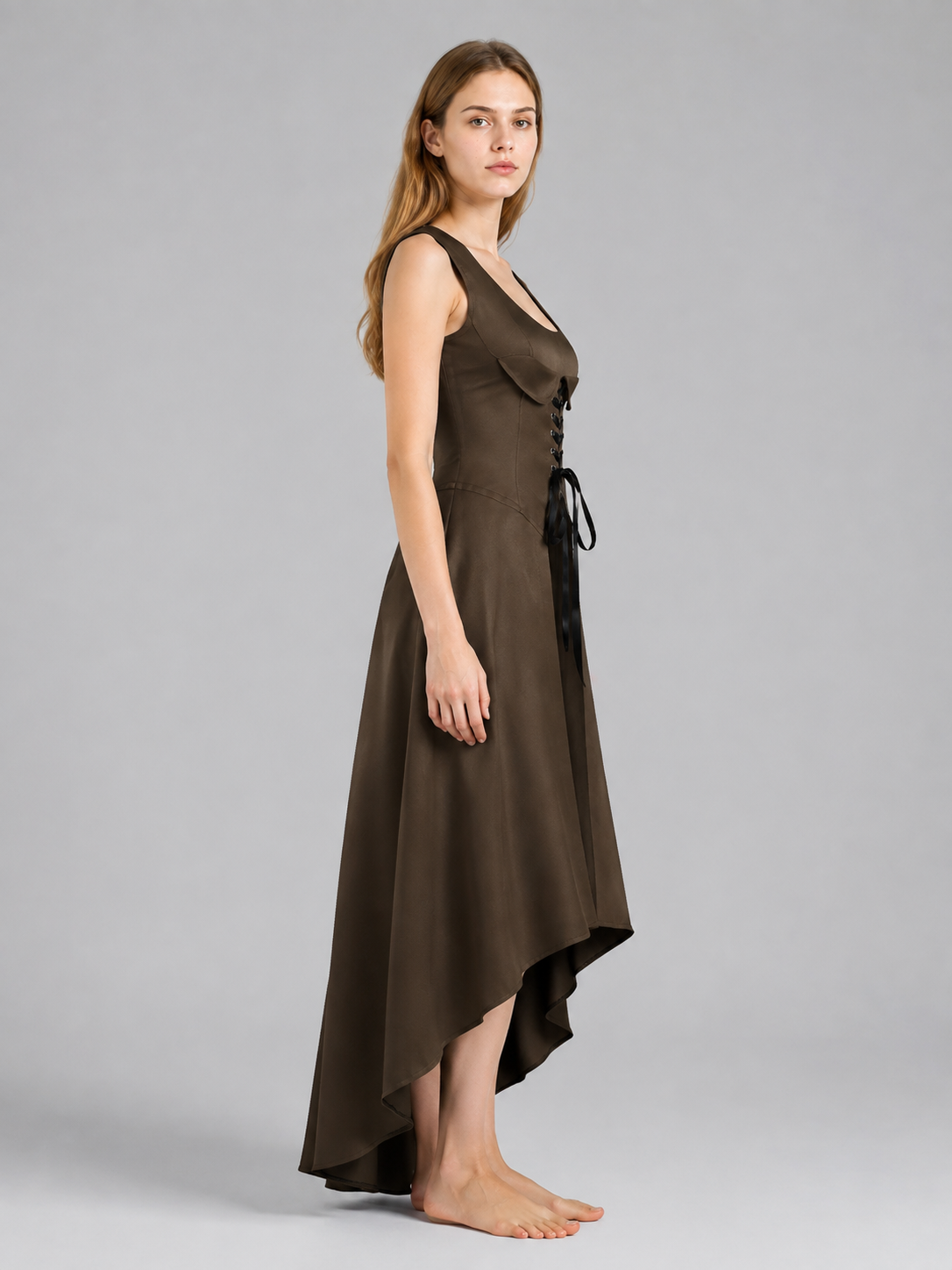 Brown Cosplay Dress with Asymmetrical Hem side view