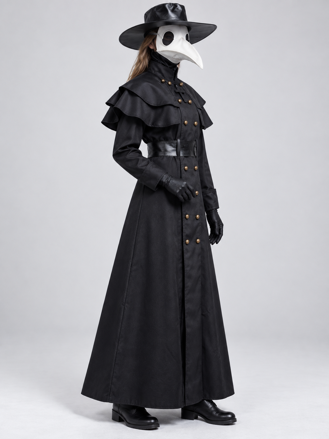 Black Plague Doctor Costume with Mask and Hat for Cosplay