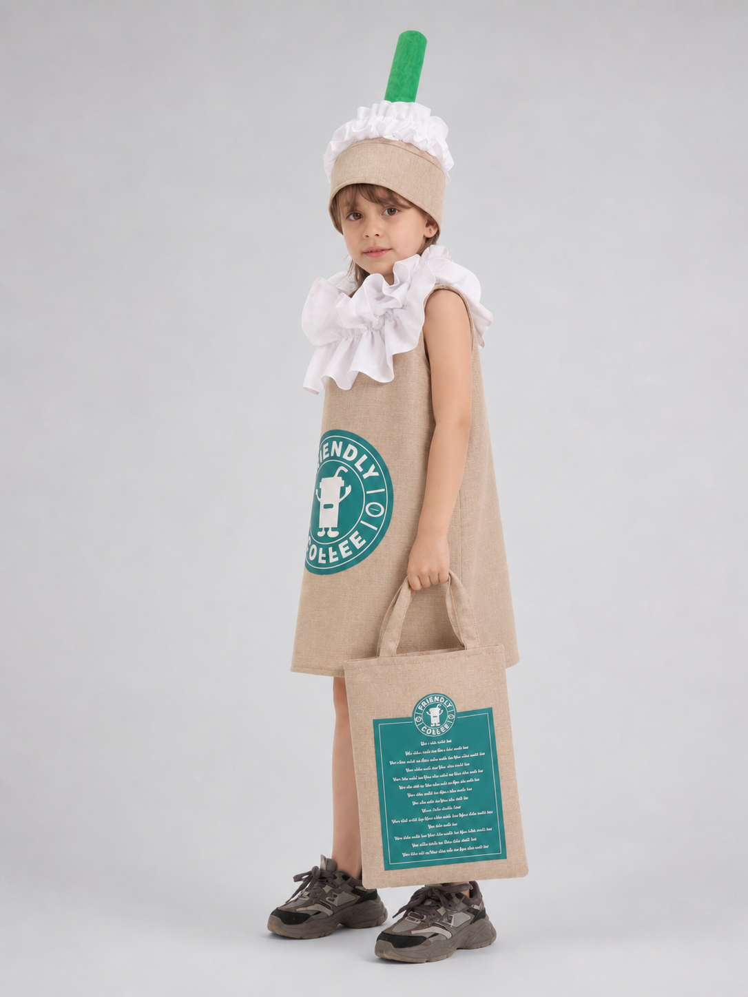 Beverage-Themed Party Costume with Hat and Bag