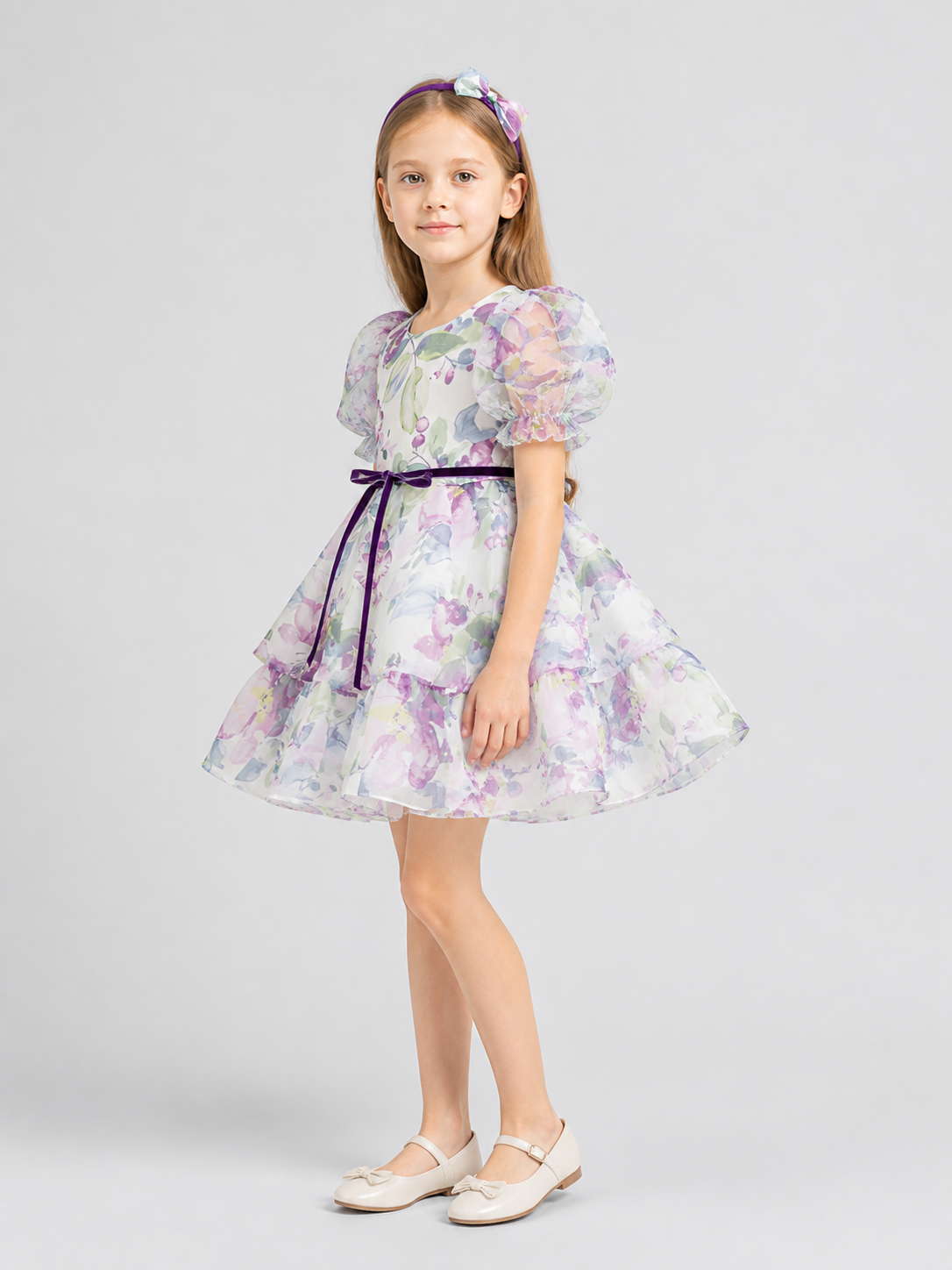 Tutu Dress with Bows and Floral Print for Special Occasions side view