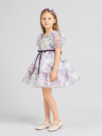 Tutu Dress with Bows and Floral Print for Special Occasions side view