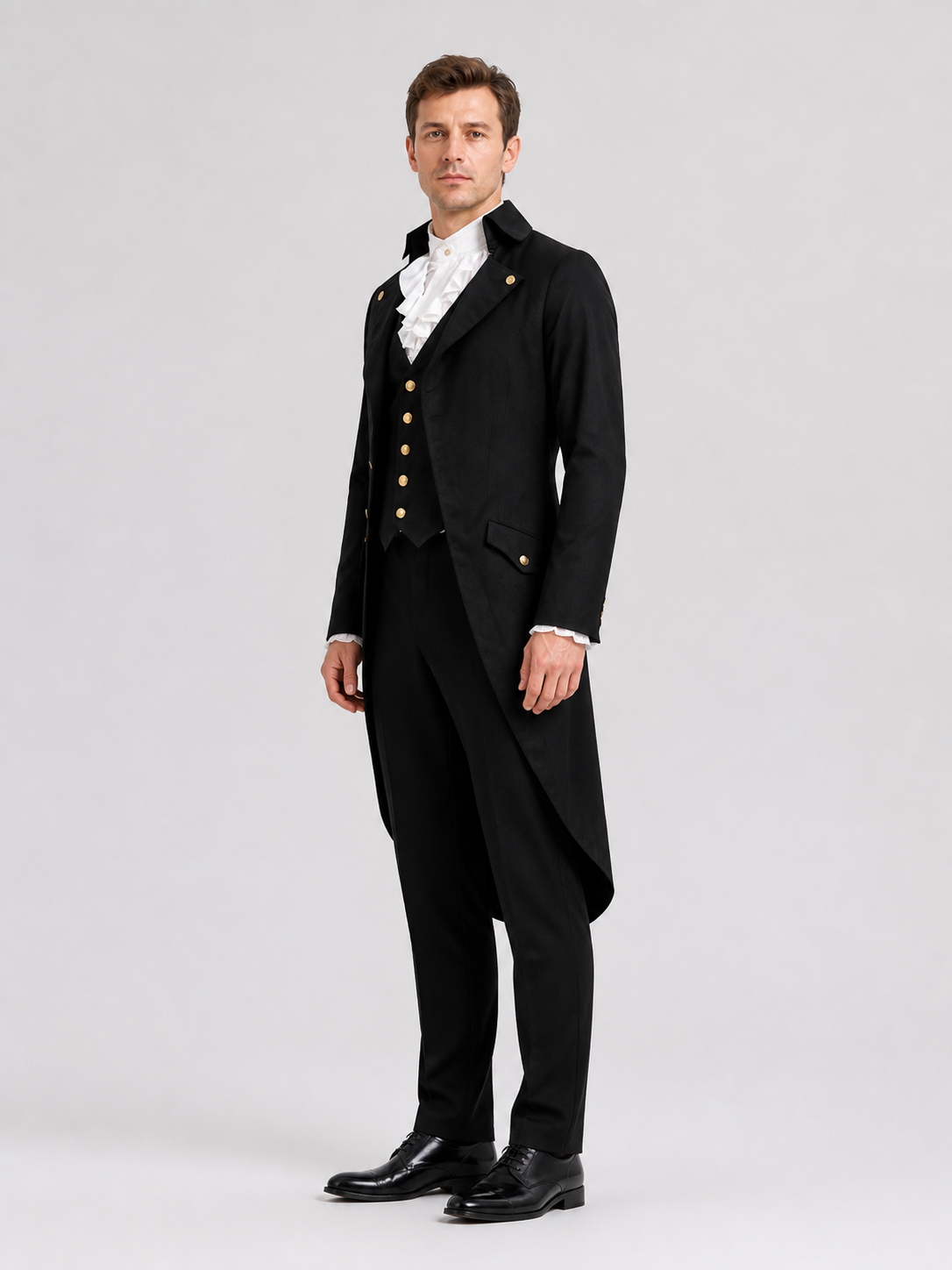 Black elongated tailcoat in Gothic style with lapels side view