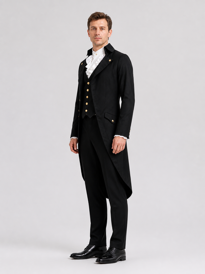 Black elongated tailcoat in Gothic style with lapels side view