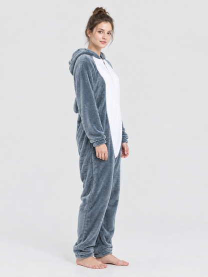 Flannel Pajama Jumpsuit Gray-Blue with Hood