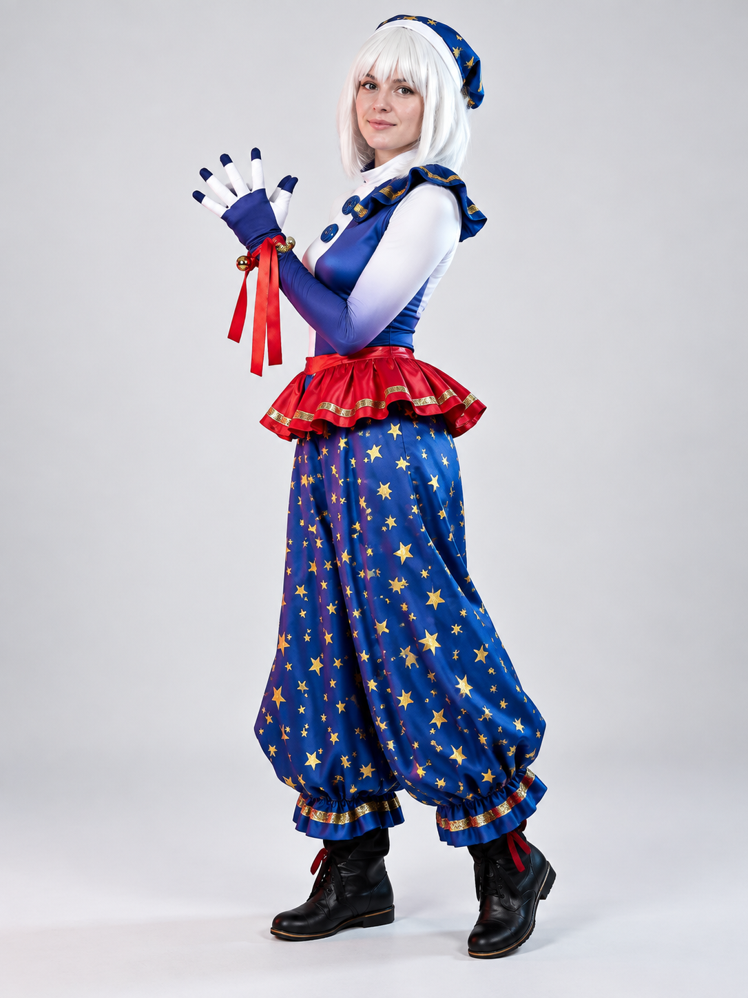 White and Blue Clown Costume with Gold Stars for Cosplay