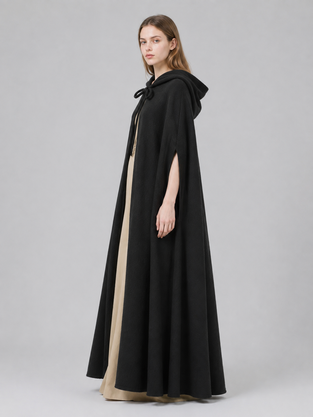 Black Hooded Suede-Look Velour Cape side view