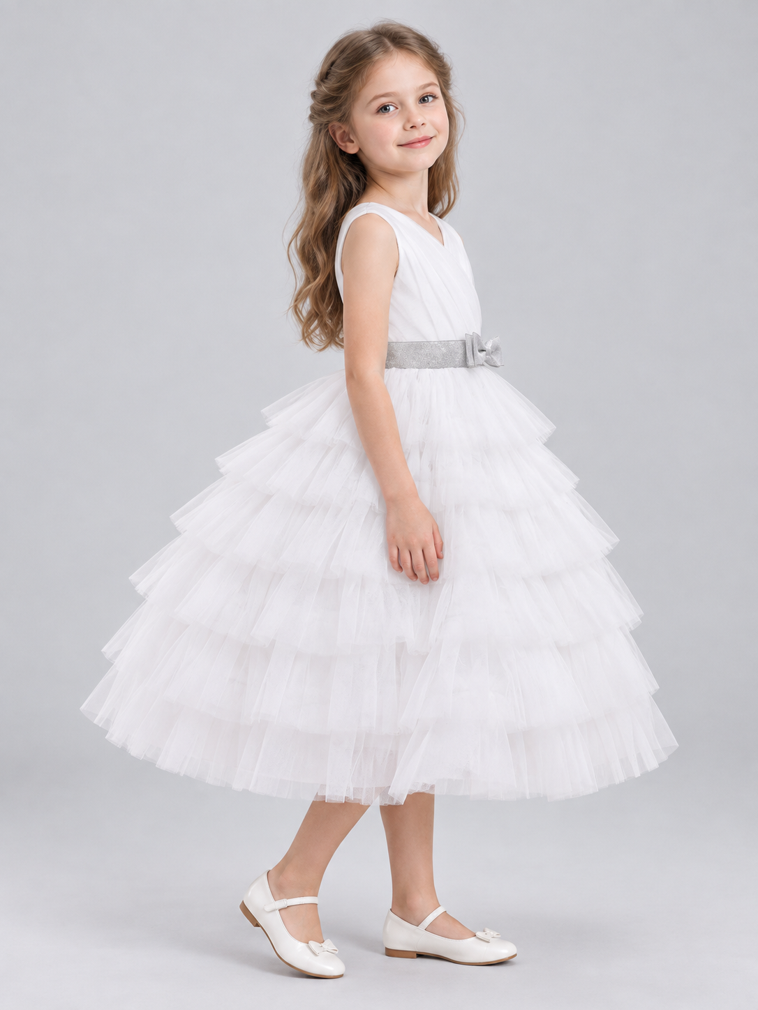 Children's Dress with a Tiered Skirt and V-Shaped Bodice side view