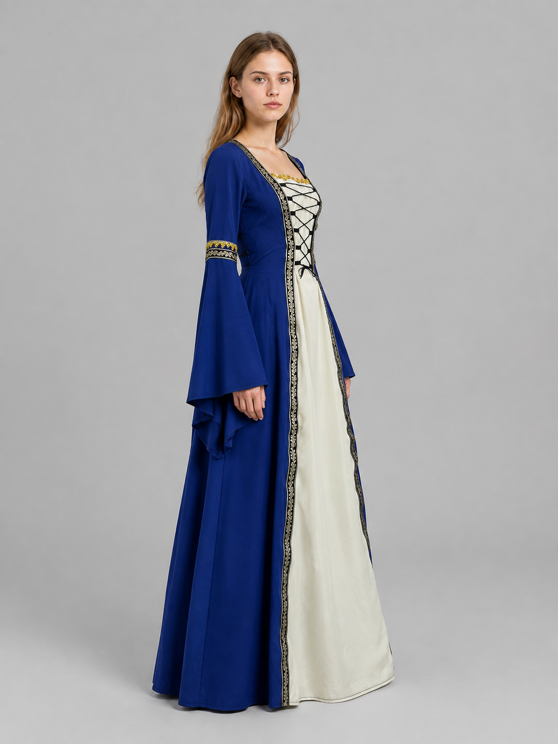 Long Dress with a Square Neckline and Lace-Up Detail side view