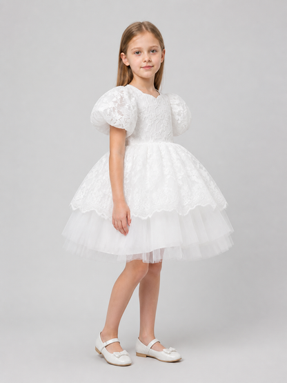 White Princess Dress for Girls with Lace and Full Skirt side view