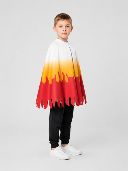 Cosplay Cloak with Flame Print, White, Red, and Yellow side view