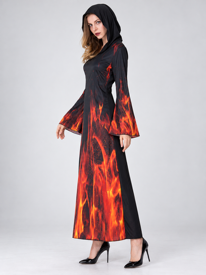 Carnival Dress with Hood, Black with Flame Print