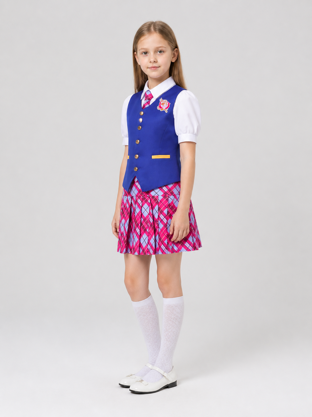 Barbie Cosplay Dress with Vest and Tie, Pleated side view