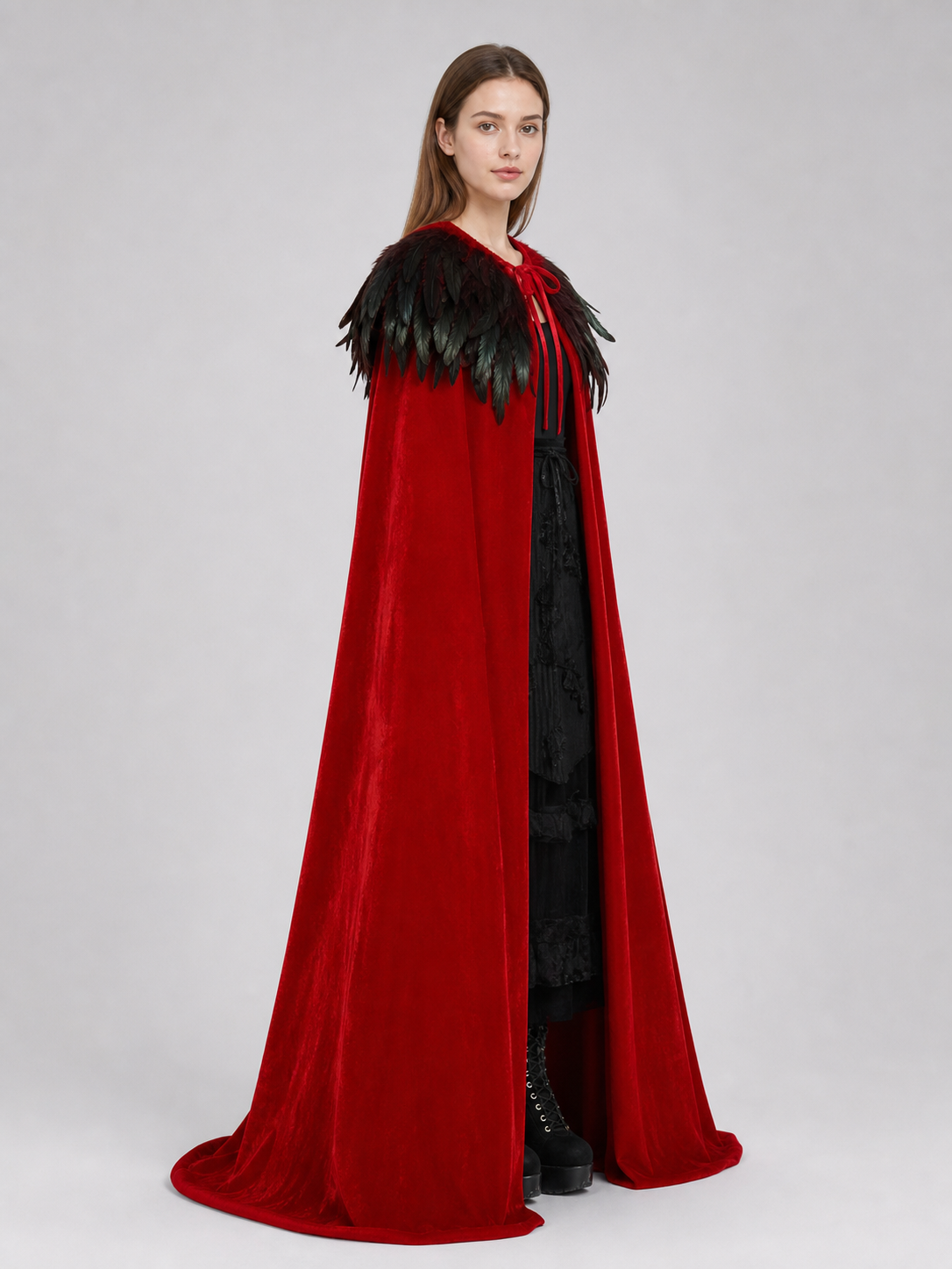 Red Velvet Cape with Feather Trim