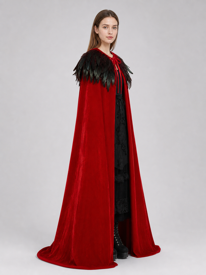 Red Velvet Cape with Feather Trim