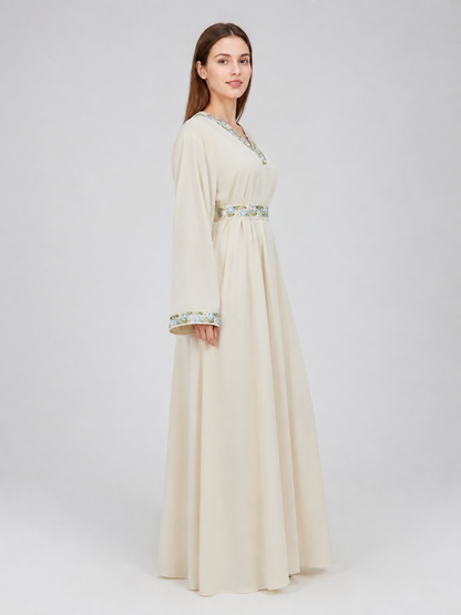Cream floor-length dress with floral embroidery side view