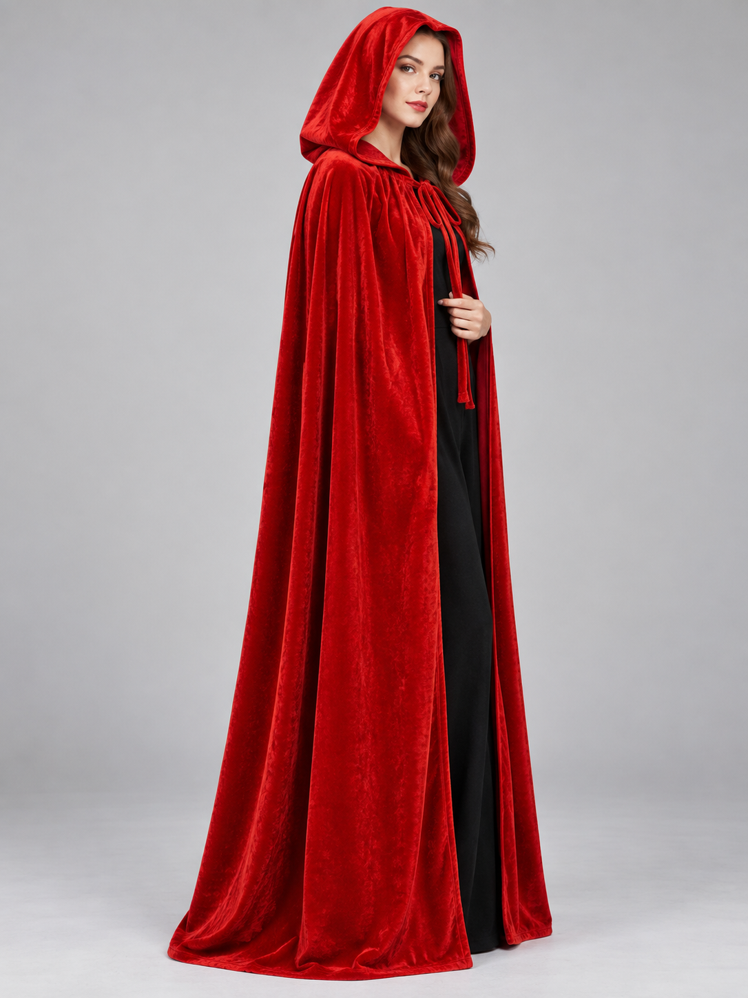 Long Bright Red Velvet Hooded Cloak Cape