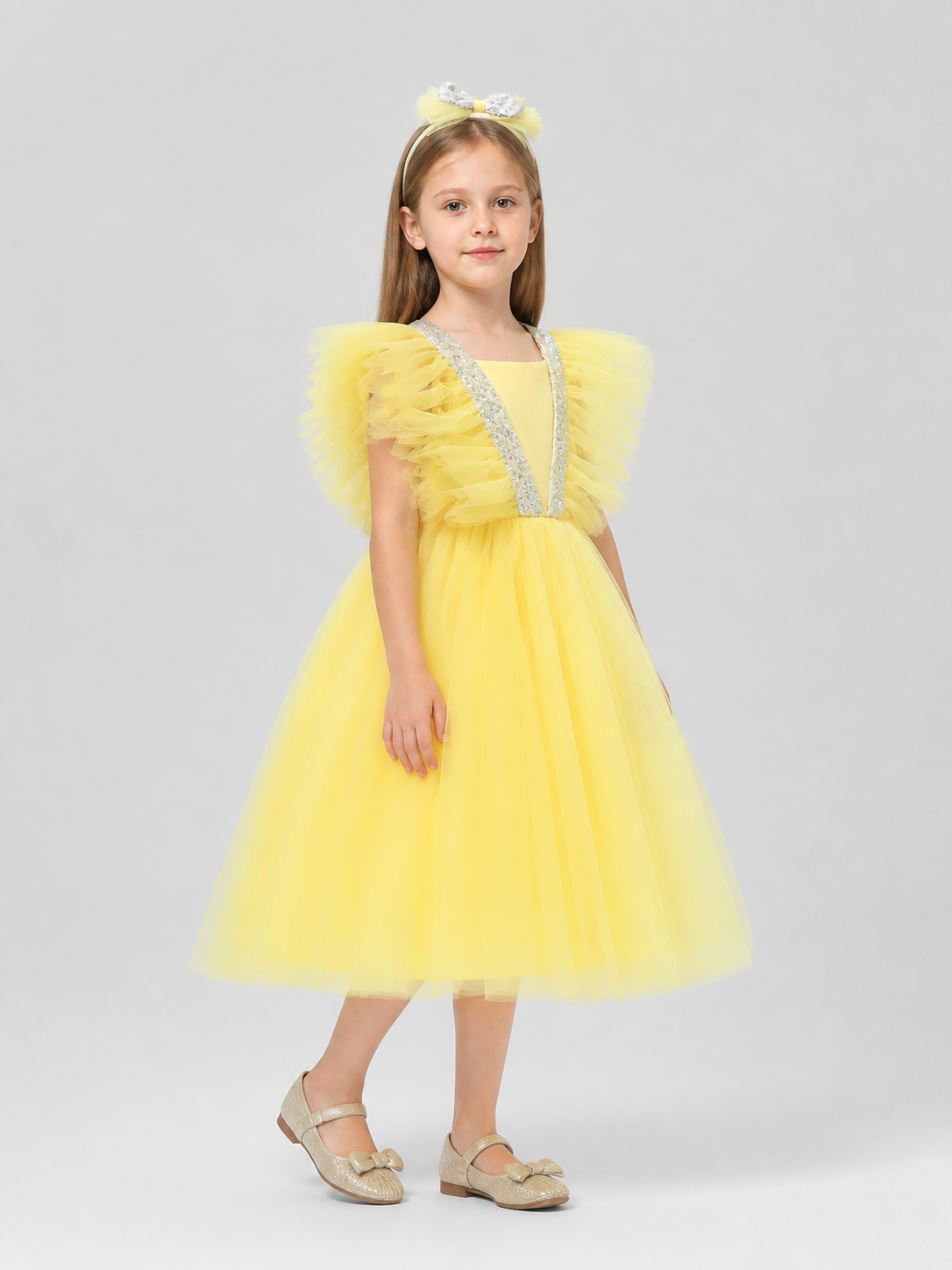 Dressy Yellow Princess Dress for Girls with a Full Skirt side view