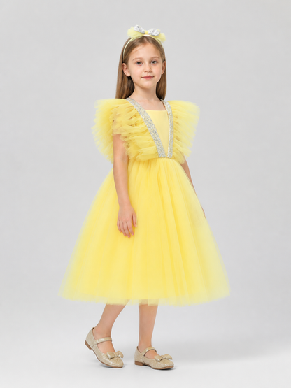 Dressy Yellow Princess Dress for Girls with a Full Skirt side view