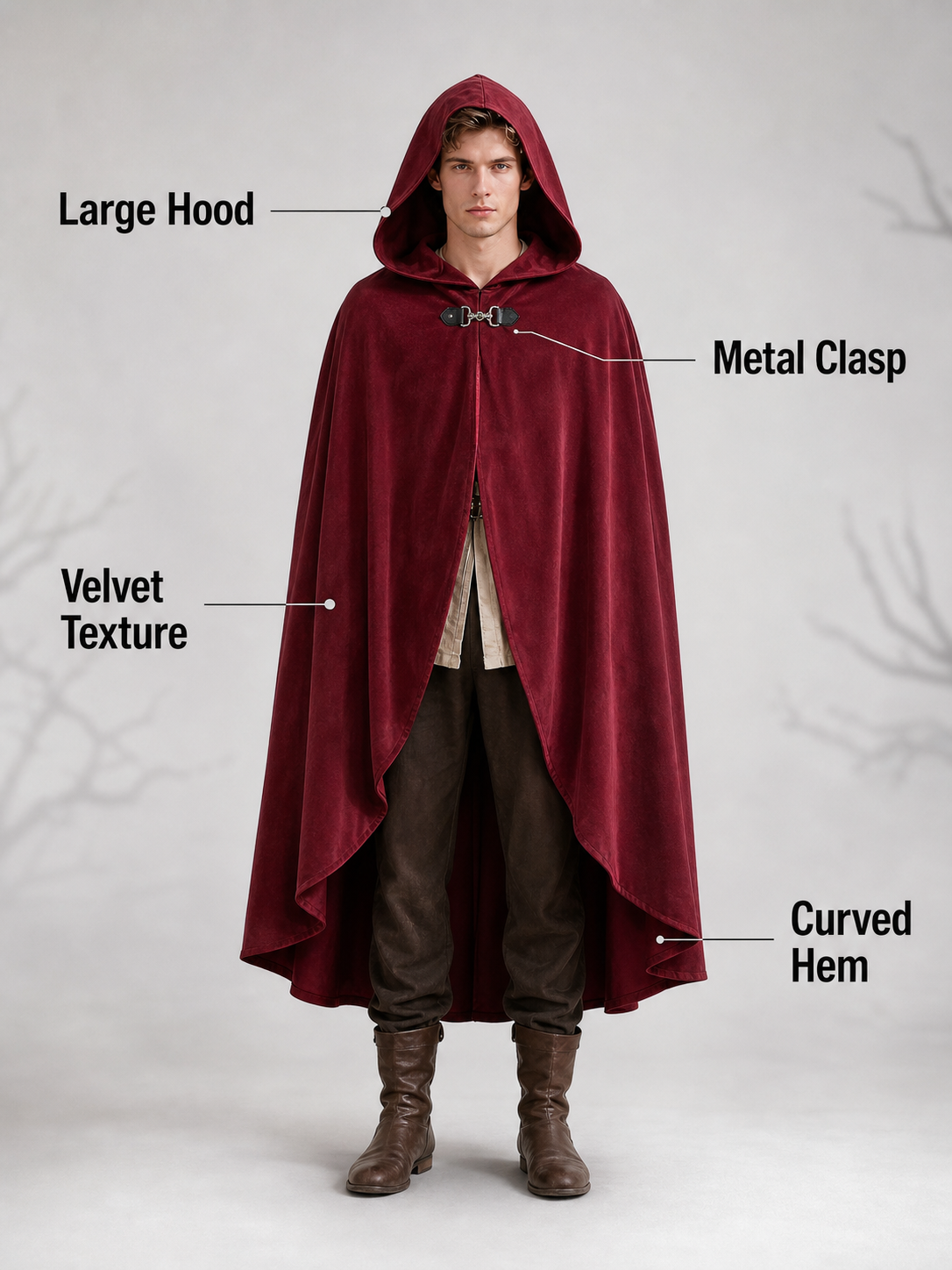 Medieval Hooded Cloak Wine Red Cape with Overlapping Front and Irregular Draped Hem for Cosplay, Theme Parties, Stage Performances and Fantasy Photography