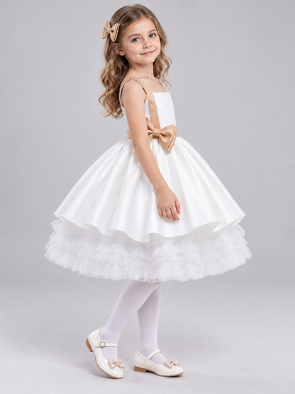 White Girls' Party Dress with Gold Bow