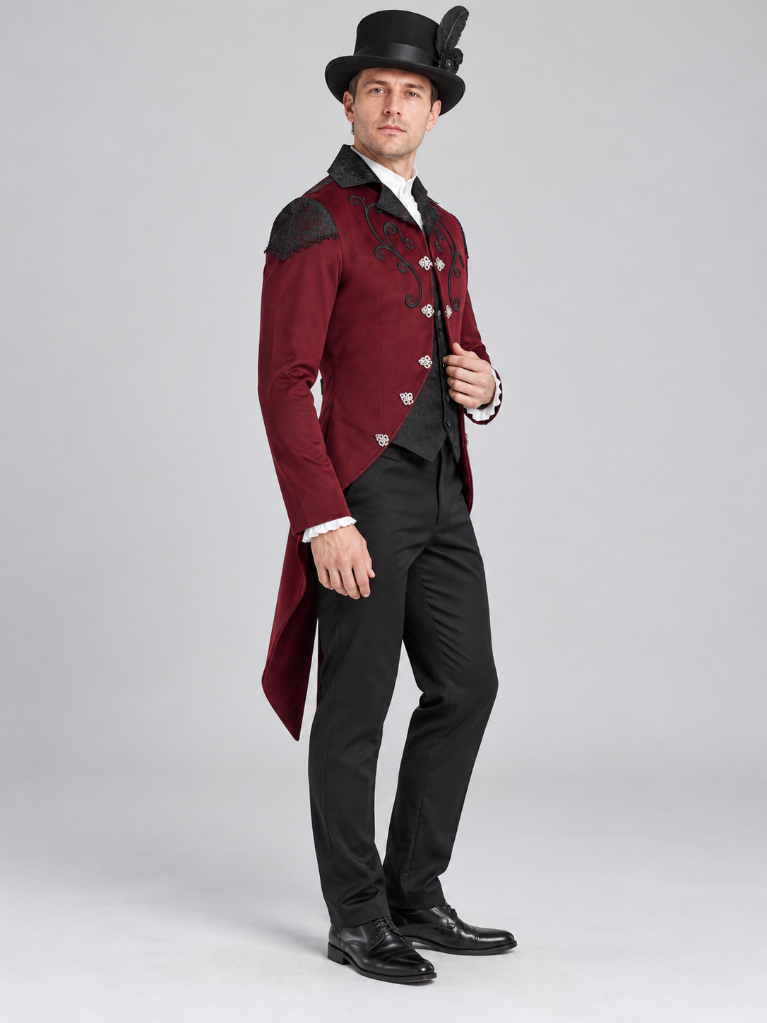 Burgundy carnaval tailcoat with black lace and embroidery