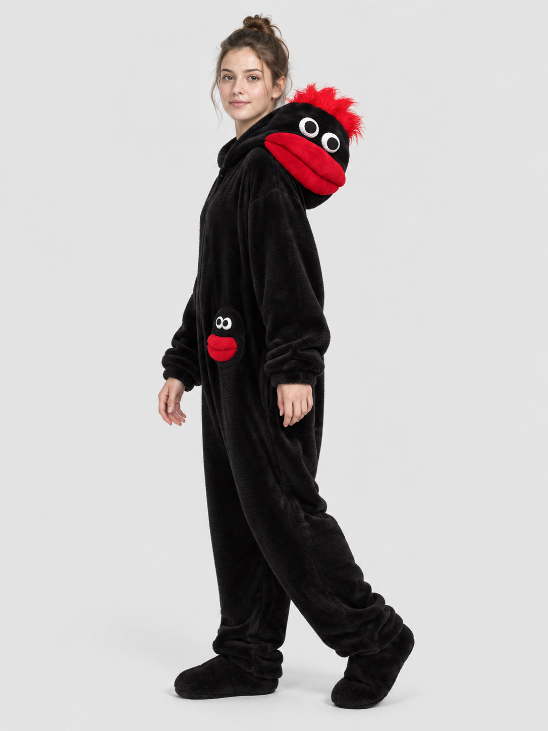Black One-Piece Pajama Jumpsuit with Cartoon Monster