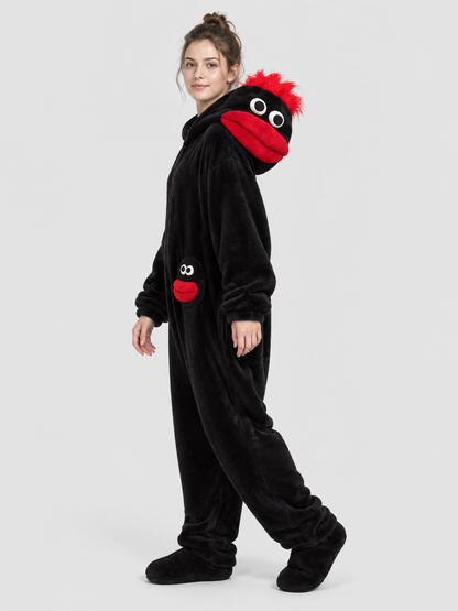 Black One-Piece Pajama Jumpsuit with Cartoon Monster